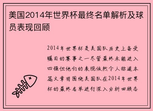 美国2014年世界杯最终名单解析及球员表现回顾